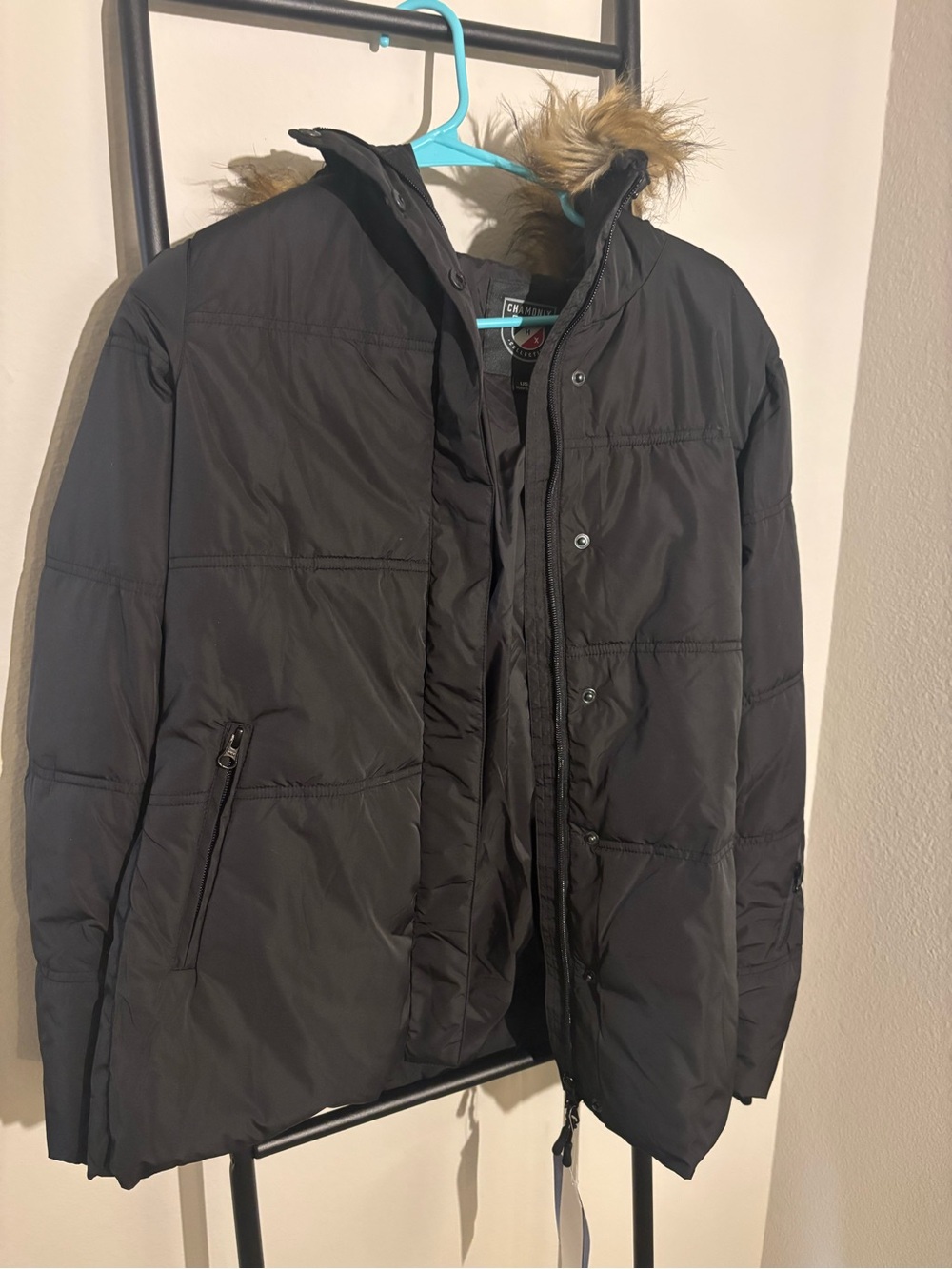 Chamonix Size S Black Puffer Coat with Faux-Fur Trim